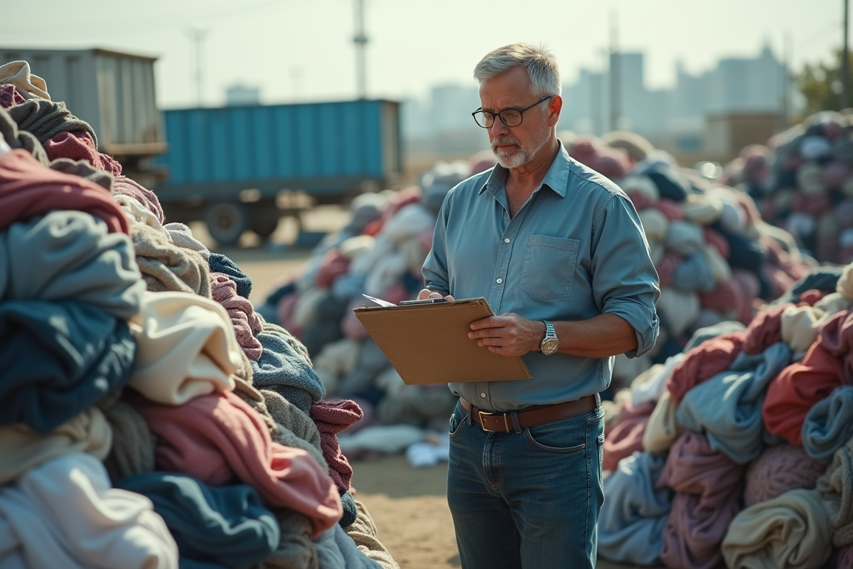 Homme vérifiant des vêtements de luxe dans une installation de recyclage