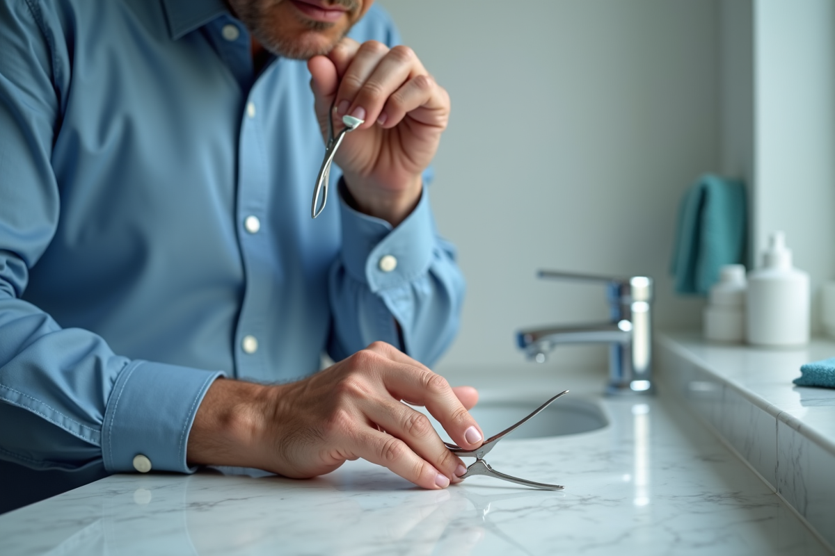 Homme en train de couper ses ongles dans une salle de bain lumineuse