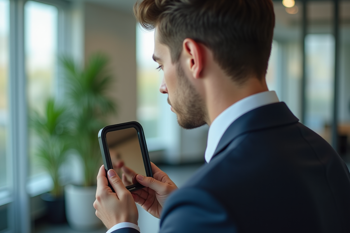 Jeune homme en costume vérifiant sa couleur de lèvres