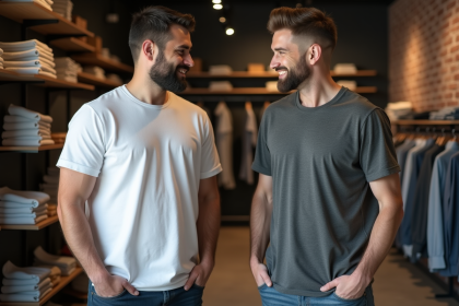 Deux hommes comparant la taille de leurs t-shirts dans un magasin