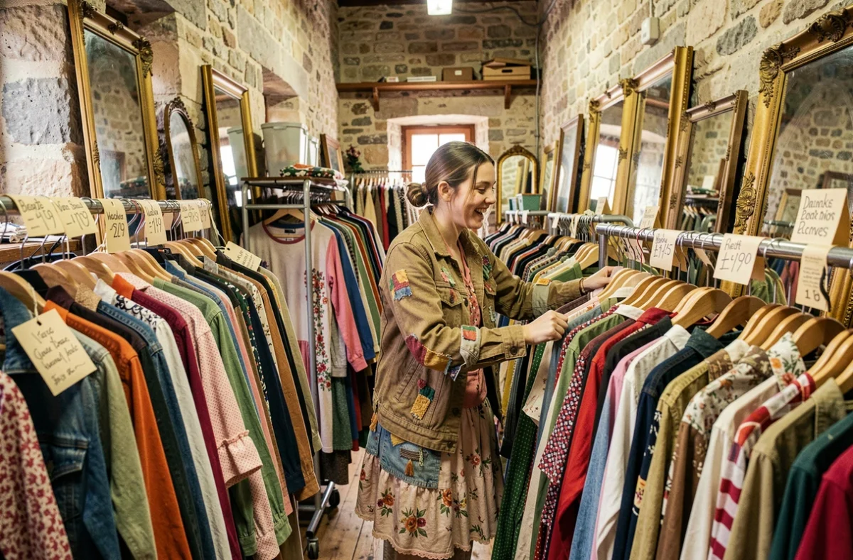 Friperie solidaire Insert1look avec des portants de vêtements de seconde main et une cliente souriante à Besançon