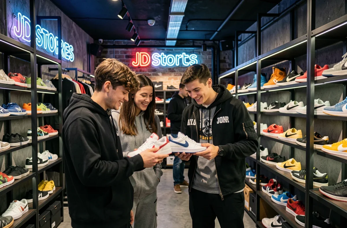 Intérieur du magasin JD Sports Lyon avec mur de sneakers et clients en vêtements de sport streetwear