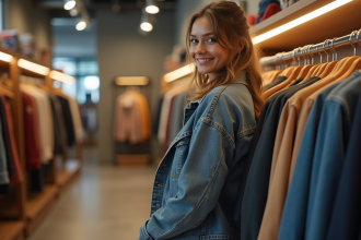 Jeune femme en boutique mode urbaine en train d'examiner une veste