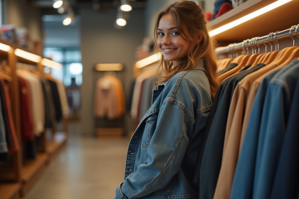 Jeune femme en boutique mode urbaine en train d'examiner une veste