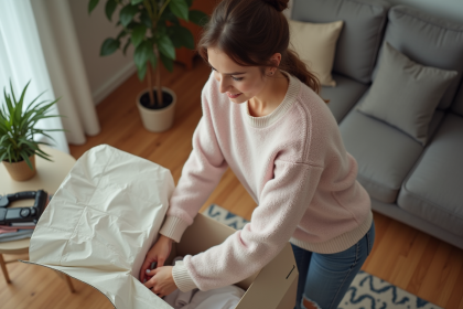 Jeune femme déballant un colis dans un appartement moderne