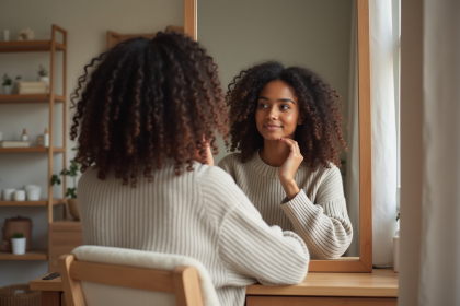 Jeune femme aux cheveux bouclés regardant son reflet