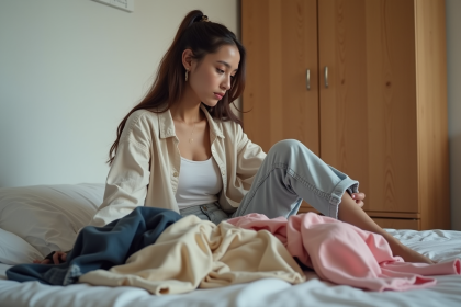 Jeune femme pensant devant une pile de vêtements de mode rapide