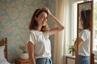 Jeune femme souriante mesure sa tête avec un ruban dans une chambre lumineuse