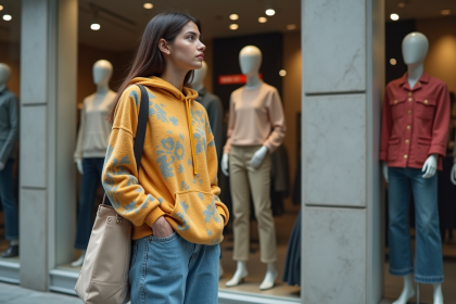 Jeune femme mode urbaine devant boutique tendance