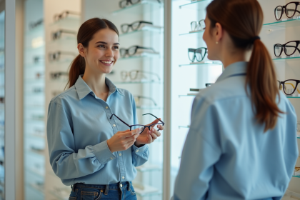Jeune femme souriante vérifiant ses lunettes dans un magasin d'optique