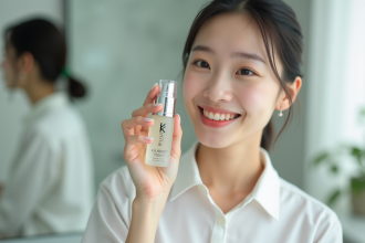Jeune femme asiatique avec serum K Beauty dans un cadre moderne