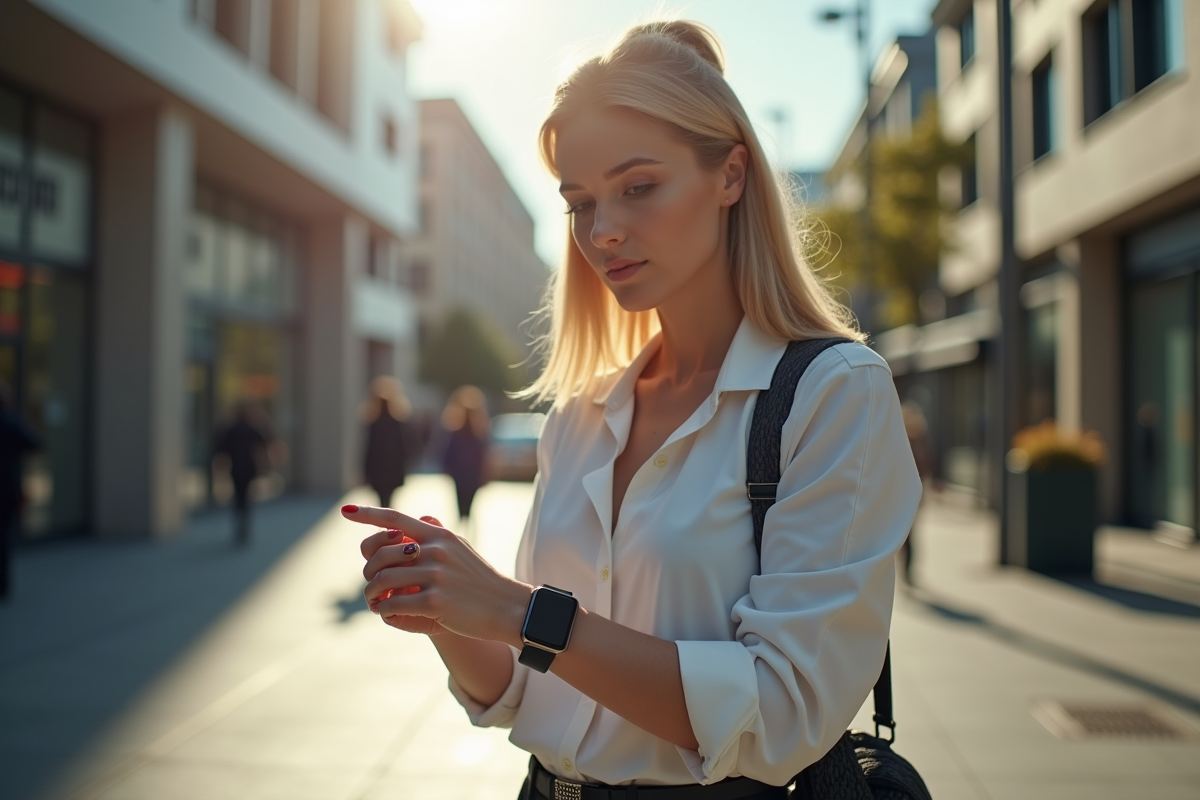 Jeune femme élégante dans la ville avec smartwatch