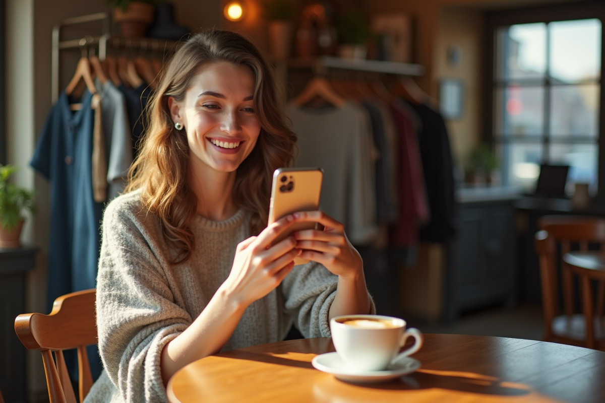 Jeune femme souriante utilisant son smartphone dans un café avec vêtements vintage