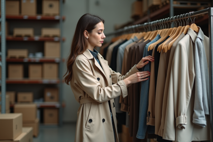 Jeune femme inspectant un rayon de vêtements haut de gamme