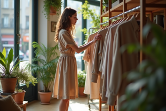 Jeune femme examine des vêtements durables dans une boutique lumineuse
