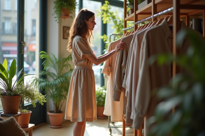 Jeune femme examine des vêtements durables dans une boutique lumineuse