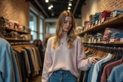 Jeune femme en streetwear vintage dans une friperie