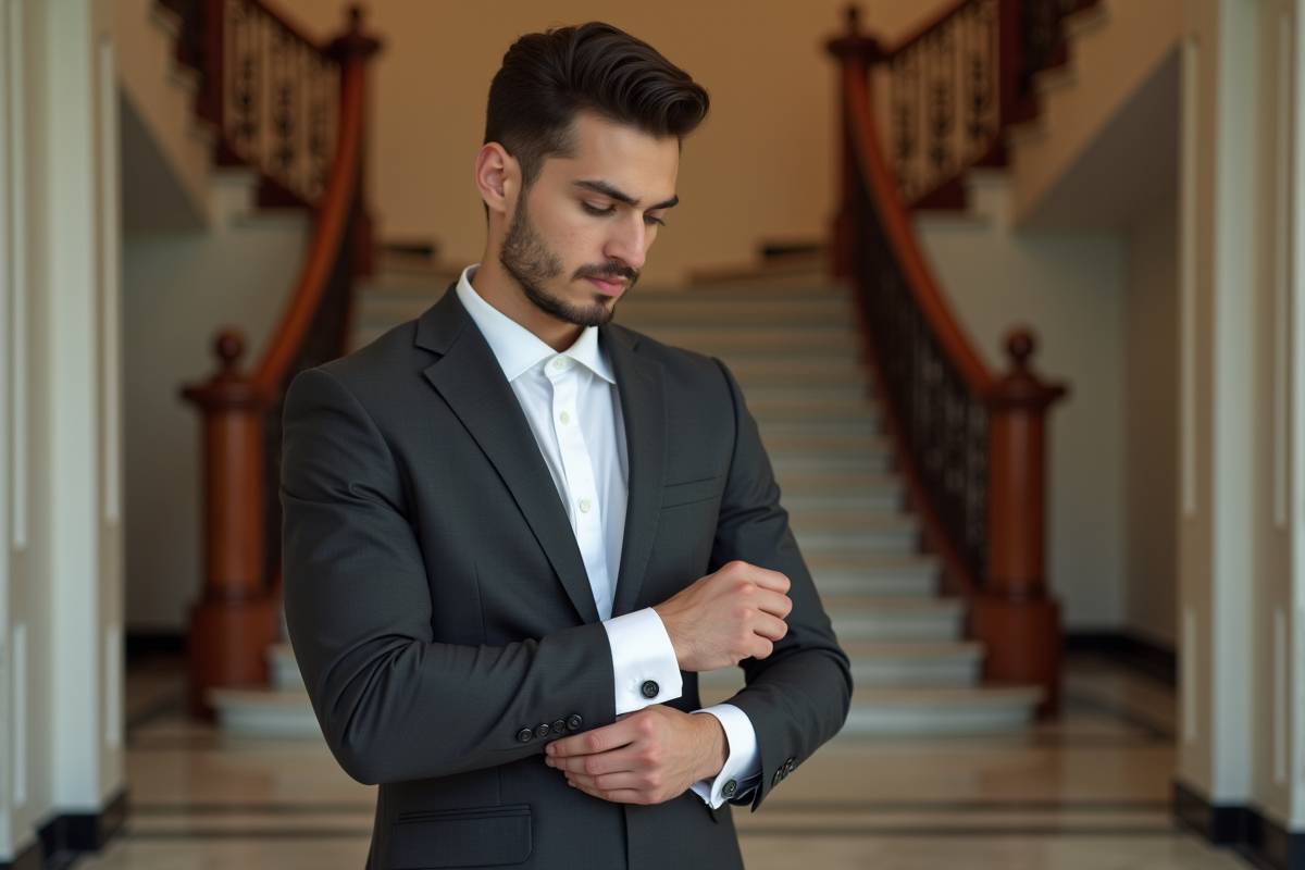 Jeune homme en costume ajustant ses manchettes dans un intérieur sophistiqué