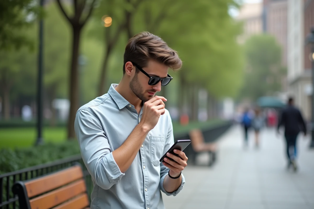 Jeune homme examinant des lunettes de soleil en extérieur