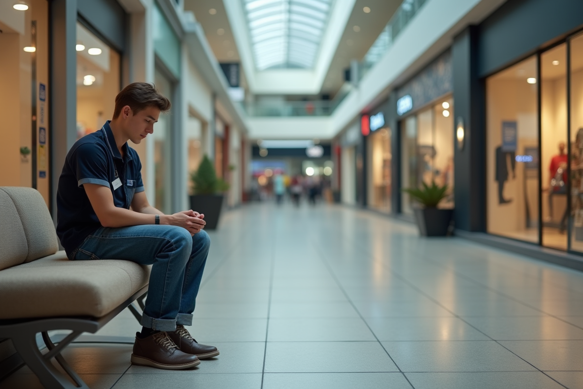 Jeune employé assis dans un centre commercial désert