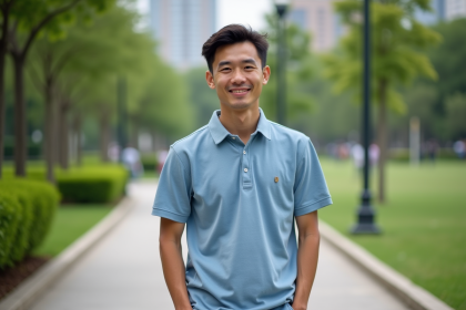 Jeune homme en polo dans un parc urbain ensoleille