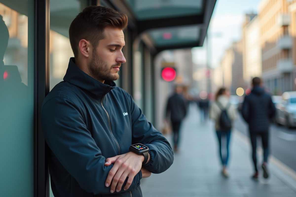 Jeune homme regardant sa smartwatch en ville