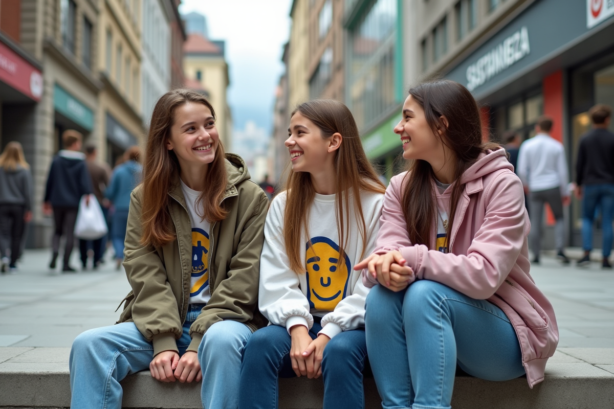 Groupe d amis en streetwear dans une place urbaine