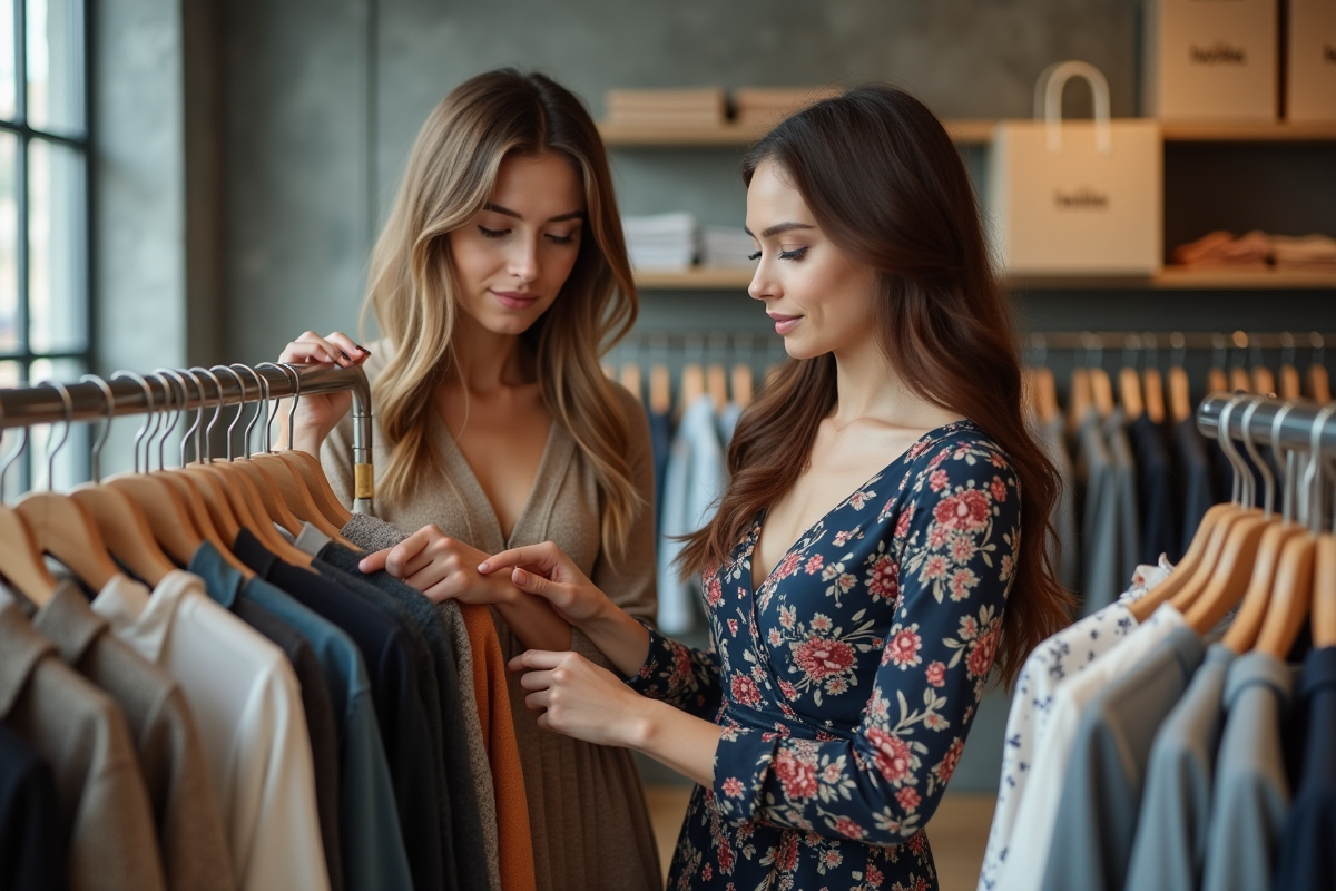 Deux jeunes femmes dans une boutique de mode comparant des vêtements