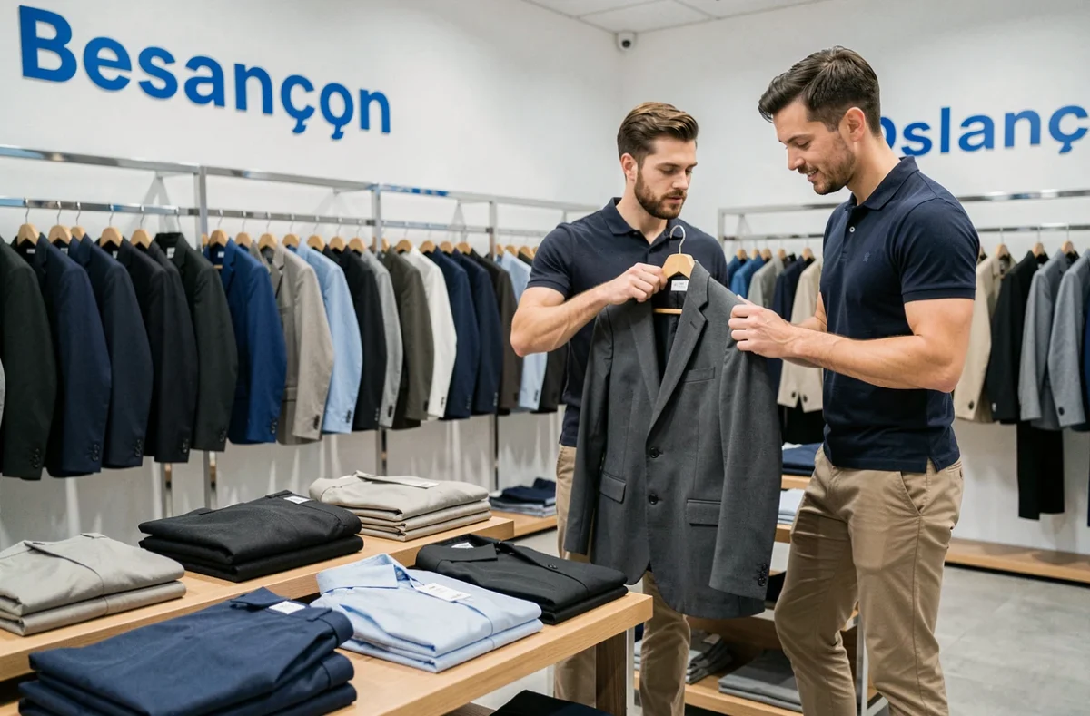 Boutique Jules avec des vêtements masculins exposés et un vendeur conseillant un client à Besançon