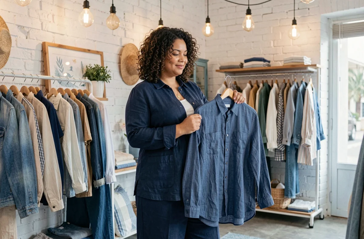 Une femme grande taille découvre la collection de la boutique L'Imprévu à Toulon