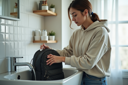 Jeune femme lavant un sac à dos foncé dans un lavabo blanc