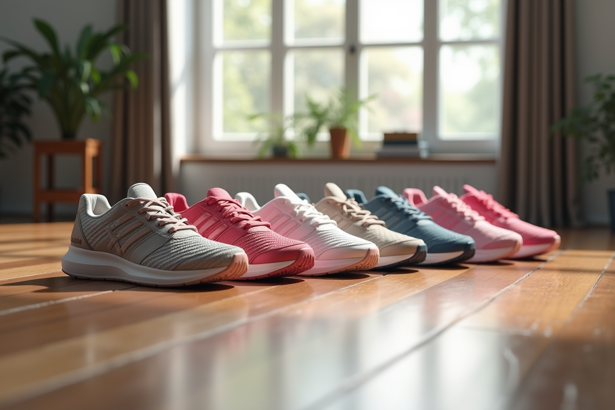 Vaste rangée de chaussures de sport colorées sur un sol en bois