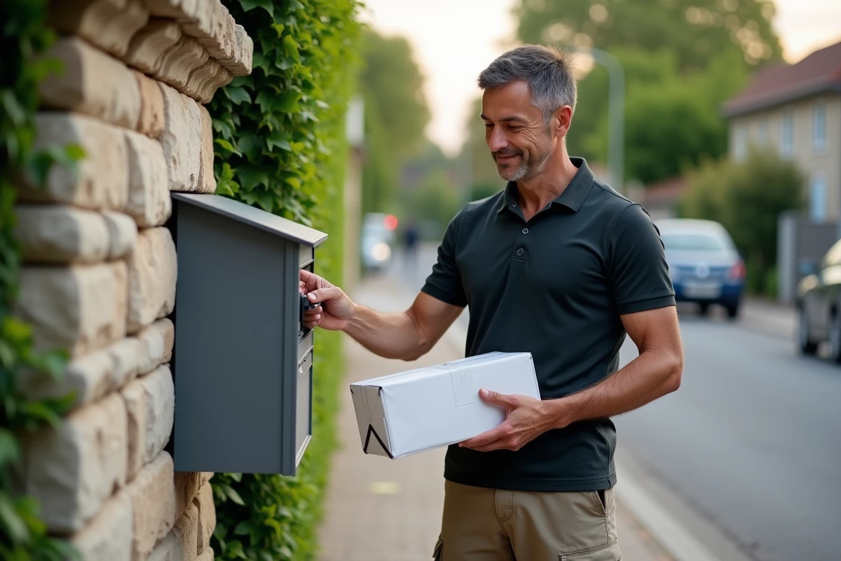 Livreur déposant un colis Shein dans une boîte aux lettres devant une maison française