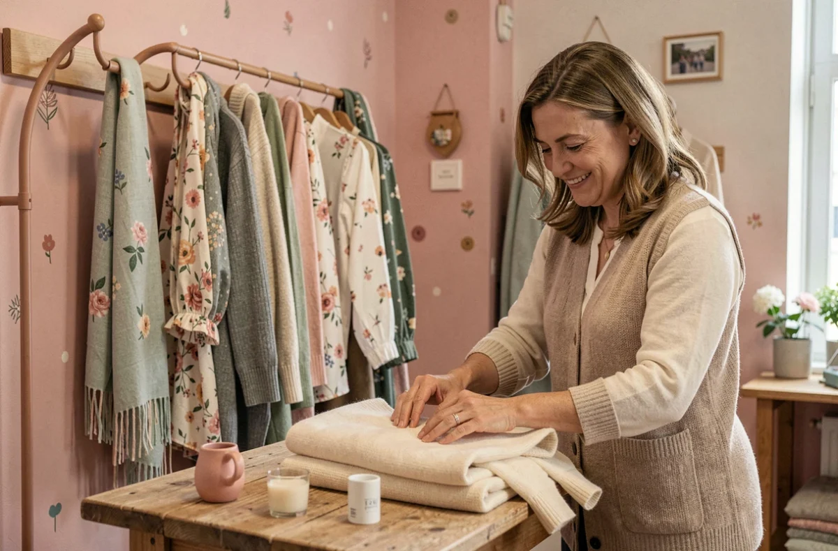 Intérieur chaleureux de la boutique indépendante Lulubel avec des vêtements féminins et la gérante souriante à Besançon