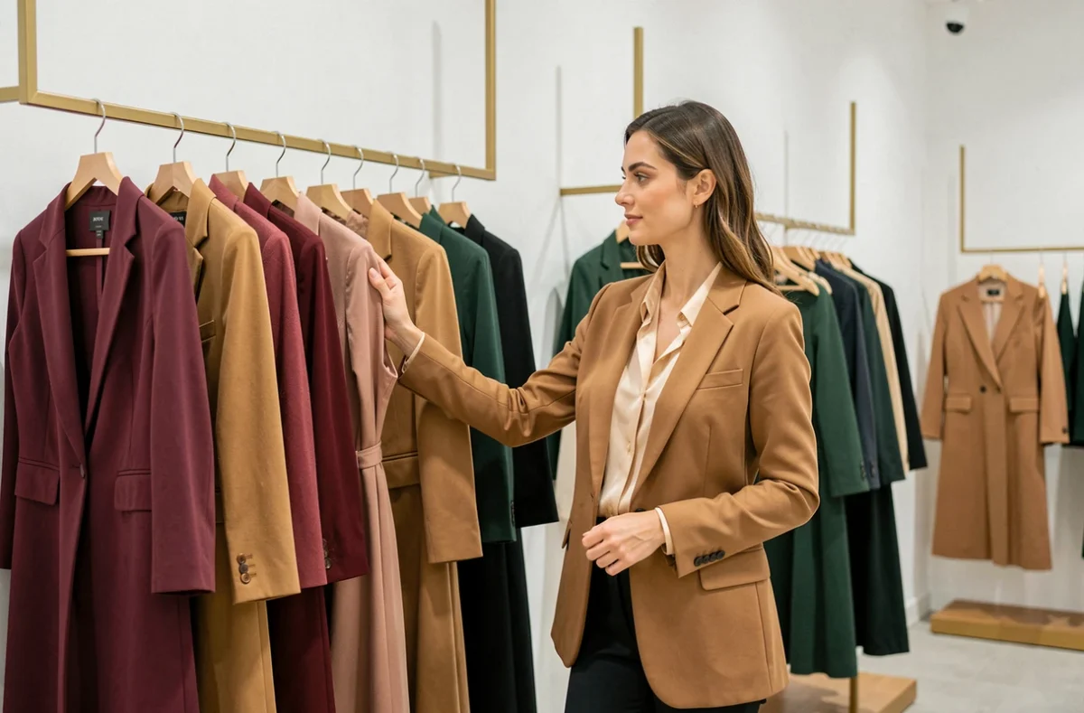 Boutique Mademoiselle V avec des robes et blazers féminins sur des portants dorés dans un espace épuré à Besançon