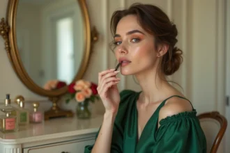 Femme en robe verte cérémonie appliquant un maquillage naturel devant un miroir vintage, coiffure chignon élégant