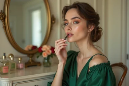 Femme en robe verte cérémonie appliquant un maquillage naturel devant un miroir vintage, coiffure chignon élégant
