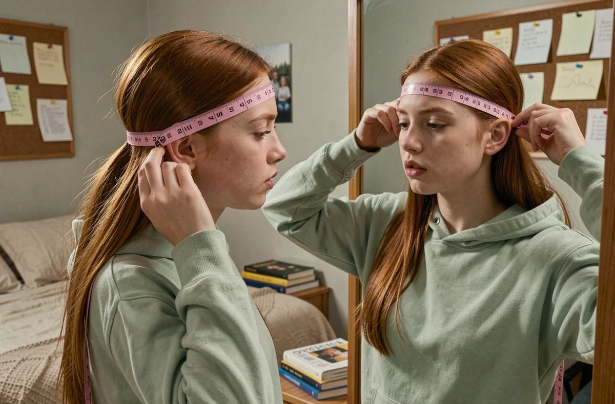 Adolescente mesurant son tour de tête avec un mètre ruban rose devant un miroir dans sa chambre