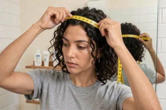 Femme mesurant son tour de tête avec un mètre ruban jaune devant un miroir de salle de bain