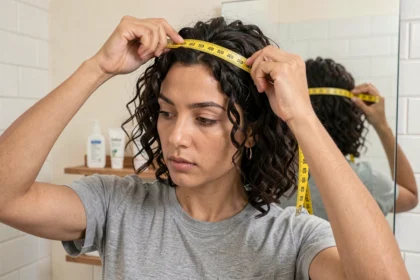Femme mesurant son tour de tête avec un mètre ruban jaune devant un miroir de salle de bain