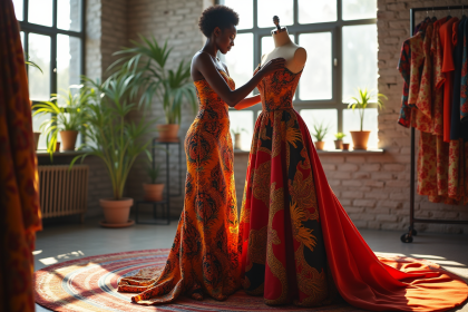 Designer africain en studio ajustant une robe colorée