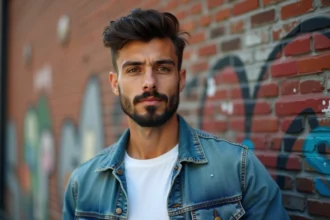 Homme trentenaire arborant un mulet moderne et une barbe courte taillée, portant une veste en jean devant un mur de briques urbain