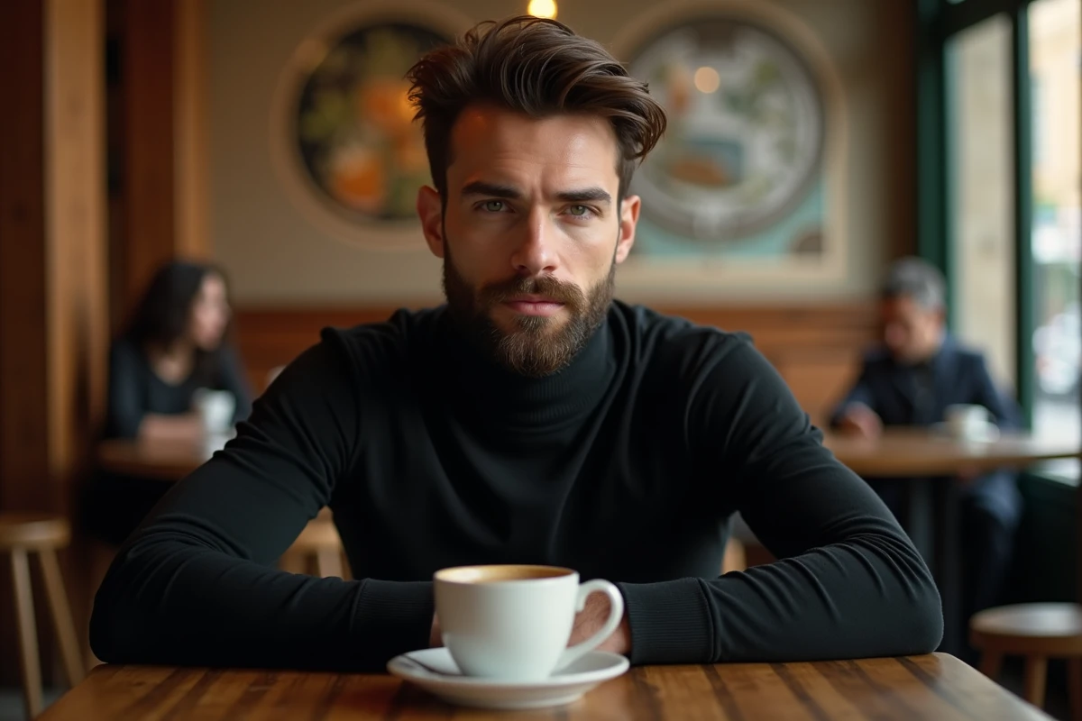 Jeune homme avec un mulet ondulé et une barbe naissante bien définie, assis dans un café parisien portant un col roulé noir