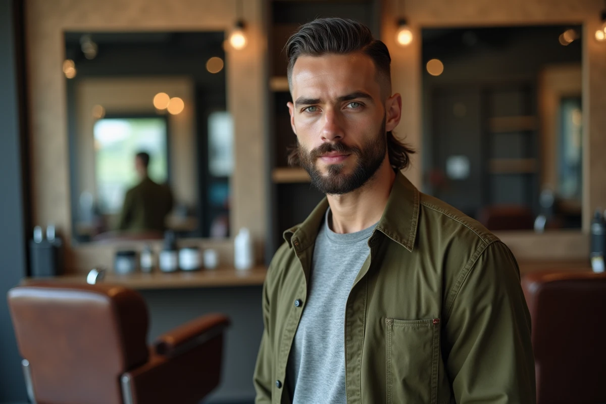 Homme avec un mulet undercut et une barbe sculptée portant une chemise oversize verte dans un salon de coiffure moderne