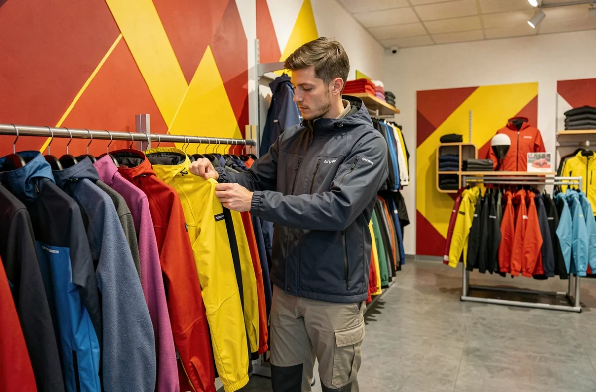 Boutique Napapijri avec des parkas et vêtements de sport outdoor sur des portants à Besançon