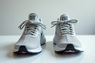 Deux paires de Nike côte à côte montrant les codes-barres UPC américain et EAN européen sur les étiquettes de langue