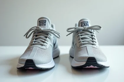 Deux paires de Nike côte à côte montrant les codes-barres UPC américain et EAN européen sur les étiquettes de langue