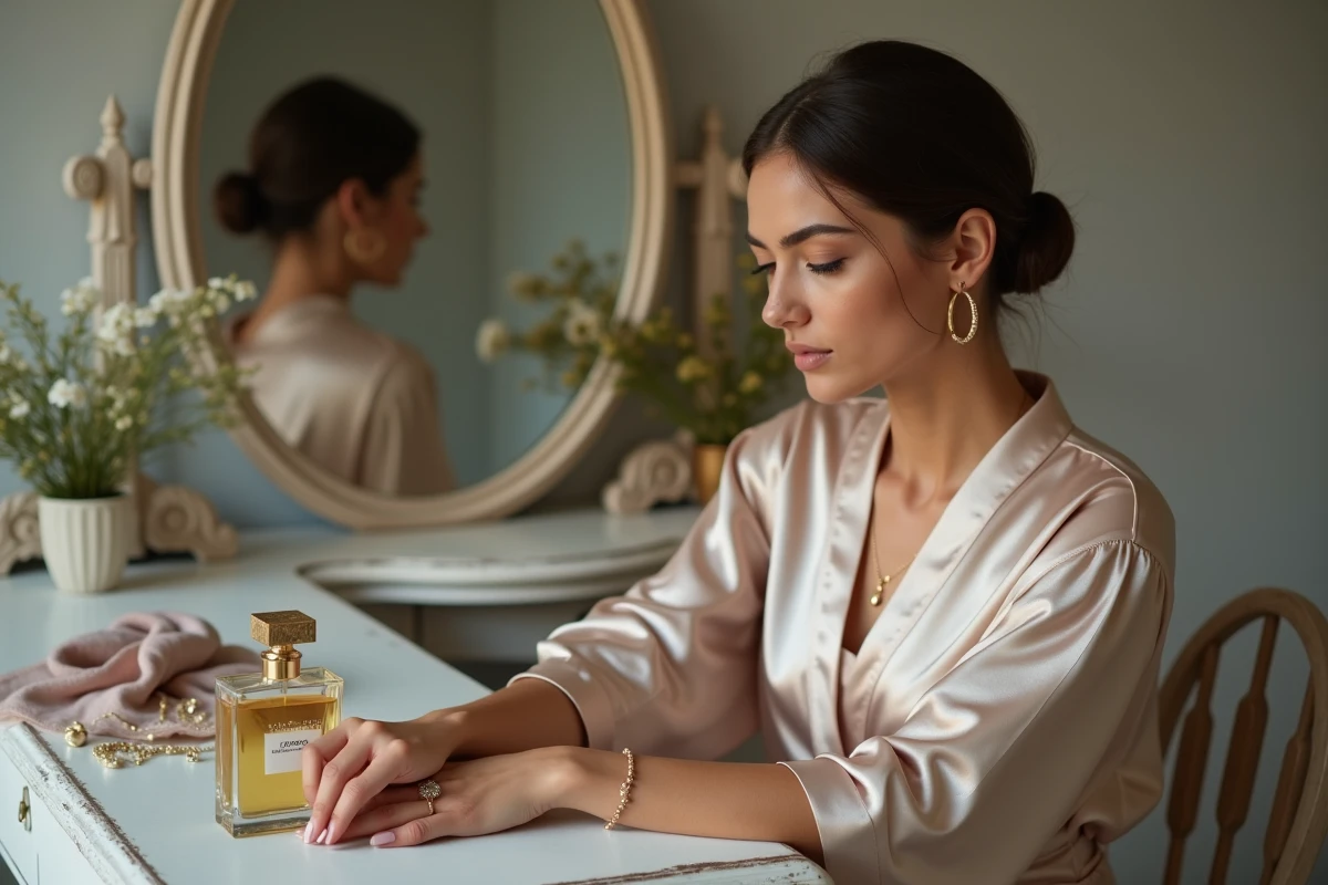 Femme appliquant du parfum près de bijoux en or plaqué 18 carats posés sur une coiffeuse, soulevant la question de l'impact des produits cosmétiques sur les bijoux