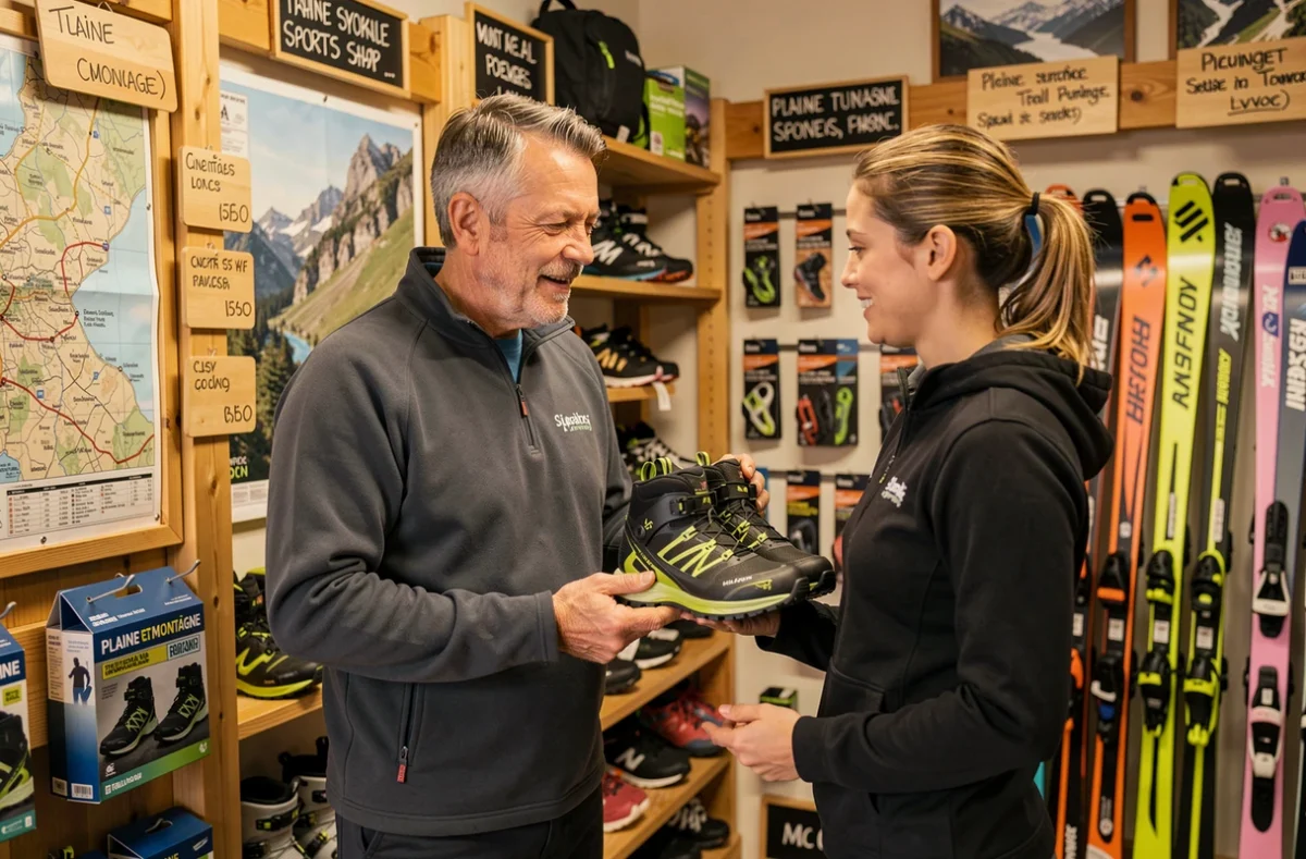 Vendeur conseillant une cliente dans la boutique spécialisée Plaine et Montagne à Lyon