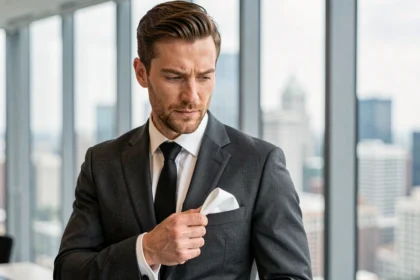 Homme en costume gris ajusté pliant une pochette blanche en pli présidentiel pour un rendez-vous professionnel